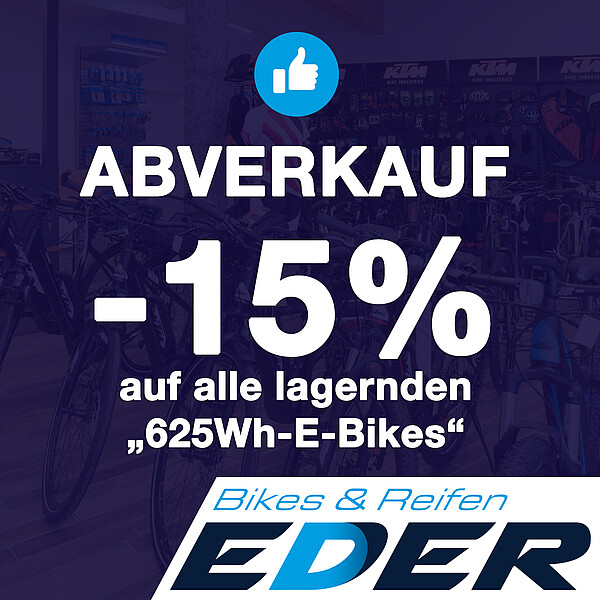 Abverkauf: -15% auf alle lagernden 625Wh-E-Bikes
